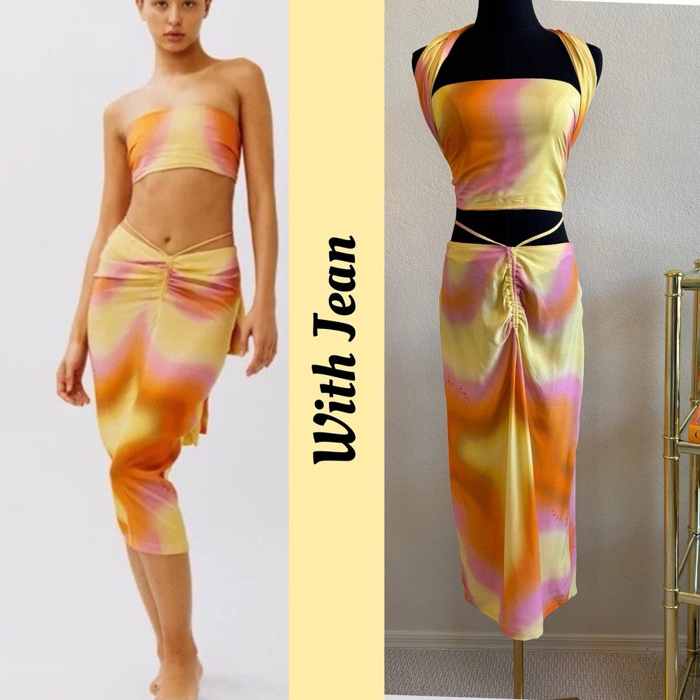 With Jean Naomi Skirt Set Small Yellow Sunset Swirl Multi-way Top Co-ord‎ Retro